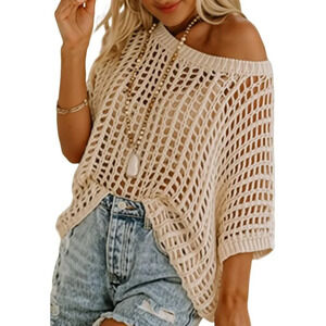 Womens Cream Spring Summer Short Sleeve Sweater Beach Out Knit